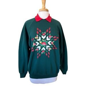 Vintage Grandma Grannycore Quilt Patchwork Star Christmas Sweatshirt USA XL
